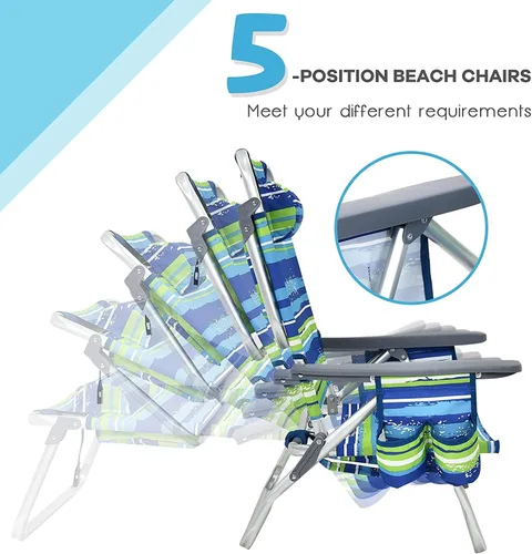 Miniatura 5 de Goplus Silla de playa, mochila plegable para adultos, sillas de playa con posiciones ajustables, almohada para la cabeza, bolsa refrigeradora