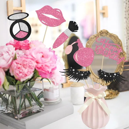 Miniatura 9 de 12 piezas de centro de mesa de maquillaje con purpurina, para spa, maquillaje, decoraciones de fiesta de cumpleaños para mesa, cosméticos, lápiz