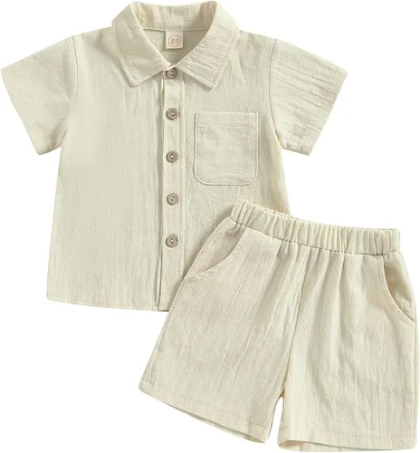 Hoanselay Conjunto de pantalones cortos de lino de algodón para bebé, color sólido, manga corta, con botones, camiseta y pantalones cortos, ropa de