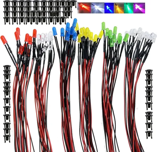 60 Piezas Diodo LED Precableado de 3MM 3 Voltios 6 Colores Lámpara LED Bombilla Diodos Emisores + 60 Piezas Soporte de Clip LED de 3mm Montaje en