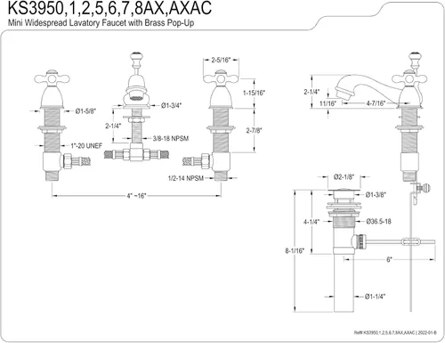 Miniatura 2 de Kingston Brass KS3952AX Restoration Mini grifo de lavabo generalizado con mango cruzado de metal, latón pulido, centro ajustable de 4 pulgadas