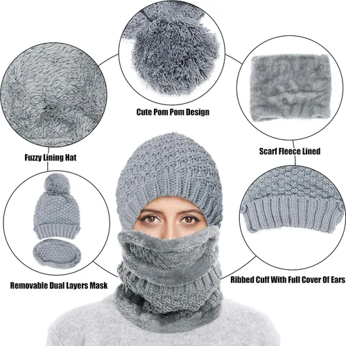 Miniatura 3 de Gorro de invierno para mujer, conjunto de bufanda y máscara para mujer, grueso y cálido, forro polar, con forro polar, 3 piezas