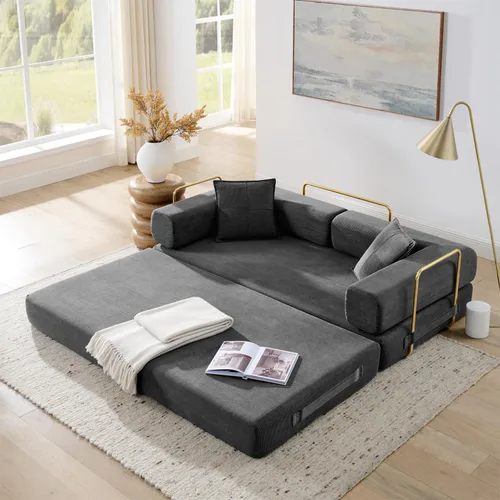 Miniatura 9 de Sofá cama plegable convertible 4 en 1, sofá de 78 pulgadas sin estructura rígida con marco de forma fija, sofá biplaza de pana con cama extraíble