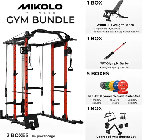 Miniatura 2 de Mikolo Jaula de Potencia, Rack de Potencia con Sistema de Cruce de Cables, 1500LBS Rack para Sentadillas con Sistema de Jalón LAT, Jaula de Rojo