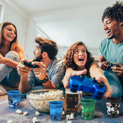 Miniatura 6 de Tanlade Juego de 50 tazas temáticas de videojuegos de 16 onzas, vasos de plástico reutilizables para fiestas de video populares, decoraciones de Azul