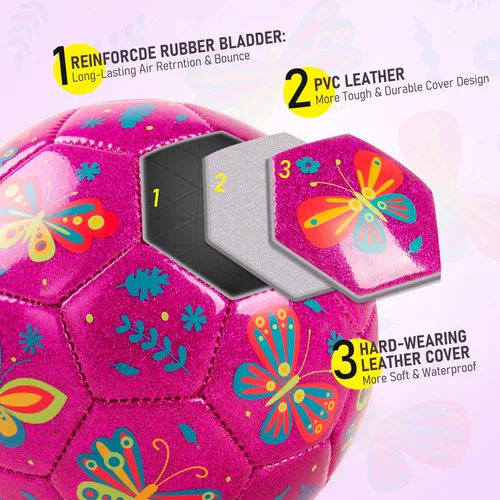 Miniatura 5 de ZOOJOY Balón de fútbol de tamaño 2 para niños pequeños, paquete de 2 pelotas de fútbol para niños con bolsa de malla de bomba, mariposa y unicornio