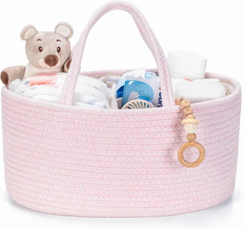 Miniatura 10 de Organizador de pañales, cesta de regalo vacía para artículos esenciales para recién nacidos, cesta de almacenamiento de bebé, elegante bolsa