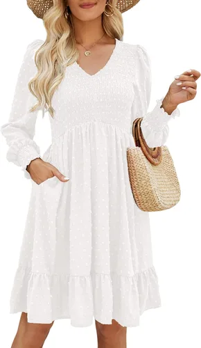 Shermia Vestido de manga larga con cuello en V para mujer, vestidos fruncidos de gasa, mini vestido babydoll con bolsillos