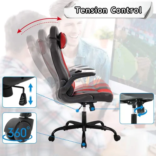 Miniatura 7 de Silla de oficina ergonómica para juegos de masaje, silla de escritorio con respaldo alto, silla ejecutiva de piel sintética con soporte lumbar, Rojo