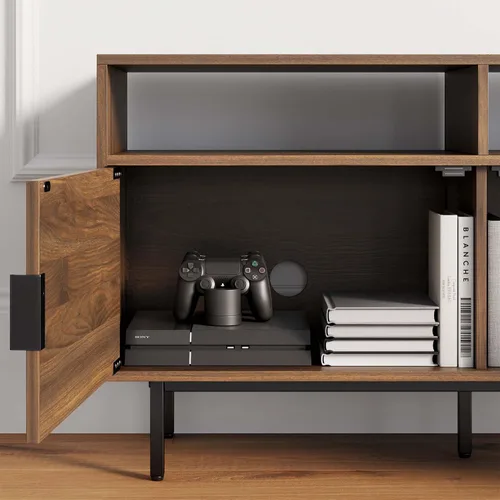 Miniatura 5 de Nathan James Mina - Soporte moderno de TV, gabinete de entretenimiento, consola con puertas de almacenamiento de ratán natural, detalles de latón