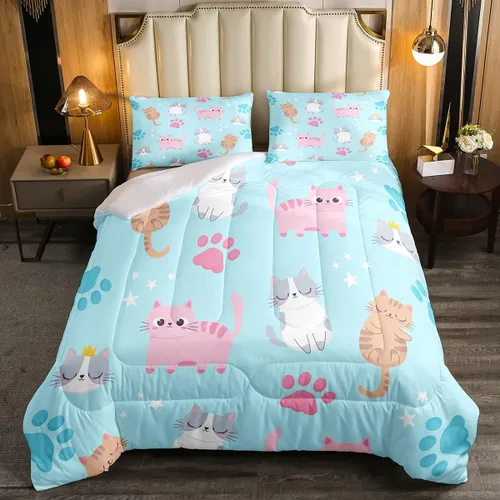 Miniatura 82 de Erosebridal Juego de ropa de cama para niños, tamaño individual, diseño de gatos de dibujos animados, para niñas, niños y adolescentes, edredón