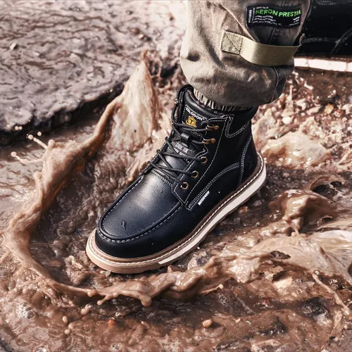 Miniatura 4 de KELODON Botas impermeables con punta de acero para hombres, botas de trabajo de cuero de 6 pulgadas, botas de construcción indestructibles, botas
