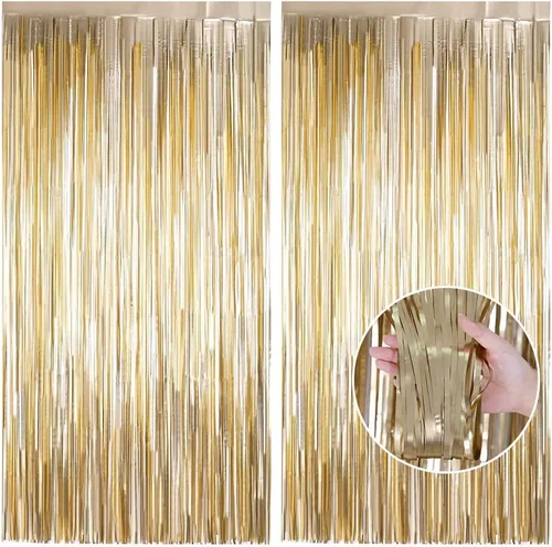 Paquete de 2 cortinas de flecos de color dorado champán mate, cortinas de flecos de oropel, cortinas de fondo de flecos de papel de aluminio,