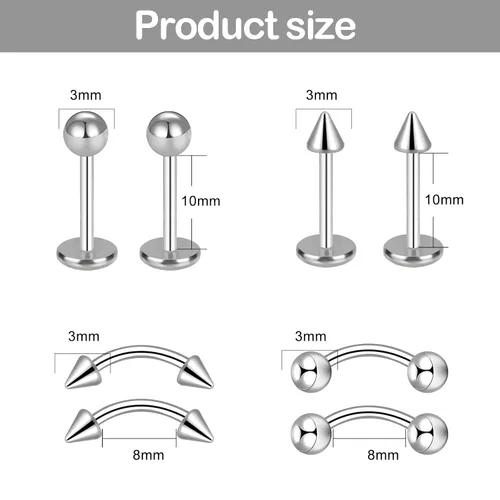 Miniatura 2 de Juego de 25/33 piercings de acero inoxidable para nariz, lengua, cartílago, ceja, ombligo, ombligo, cartílago, cejas, ombligo, 25/33 unidades, 18/33