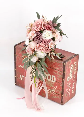 Miniatura 5 de Ansofi Ramos de boda de rosas polvorientas de 9 pulgadas para novia, ramo de novia en cascada para novia, rosas artificiales de seda, ramo de flores