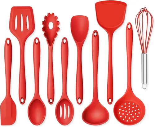 Onader Juego de utensilios de cocina de 10 piezas, juego de utensilios de cocina de silicona roja para cocinar, no tóxicos y resistentes al calor