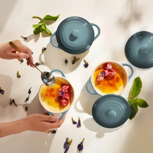 Miniatura 4 de Kook Juego de Mini Cocotte Cerámica, Cazuelas Pequeñas con Tapa y Asas, Ramekins de Horneado Individuales, Apto para Horno, Microondas y Piedra Ombre