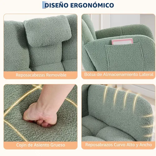 Miniatura 5 de Mecedora deslizadora tapizada con patas de madera para sala de estar, dormitorio, cuarto de bebé, incluye bolsillos laterales