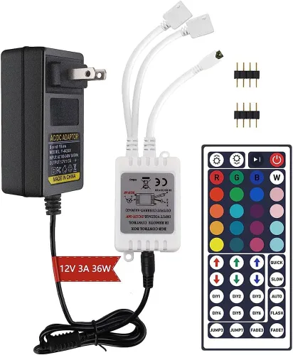Yiliaw Kit de control remoto IR de 44 teclas - Incluye caja de control de rectificador inalámbrico y adaptador de fuente de alimentación DC 12V 3A -