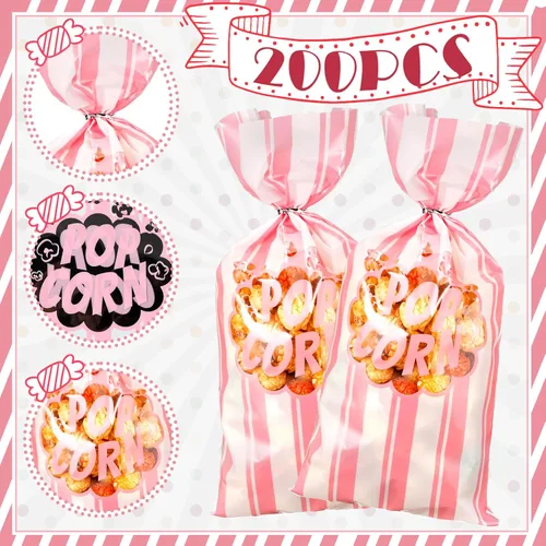 Miniatura 3 de 200 bolsas de palomitas de maíz, bolsas de plástico para máquina de palomitas de maíz, recipientes de maíz con lazos giratorios para carnaval, Rosa