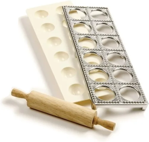 Miniatura 2 de Norpro Juego de 3 piezas para hacer ravioles y prensa con rodillo, grande, blanco y plateado