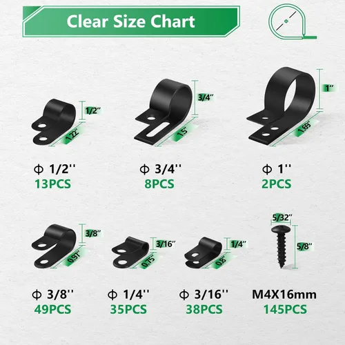 Miniatura 3 de Clips de cable para organizador de cables, 6 tamaños, 290 piezas, nailon tipo R, 3/16 pulgadas, 1/4 pulgadas, 3/8 pulgadas, 1/2 pulgadas, 3/4