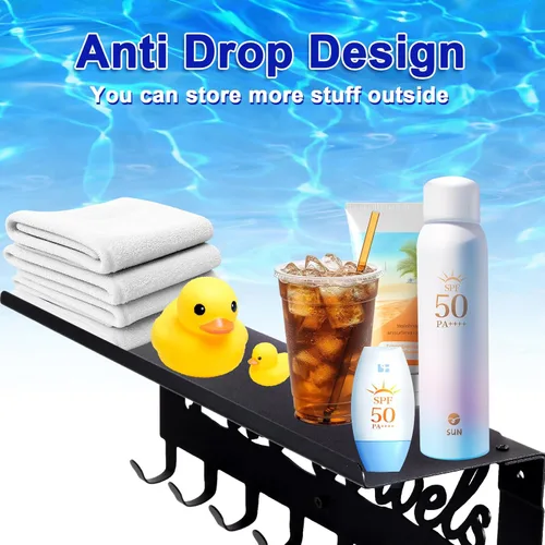 Miniatura 5 de Toalleros de piscina con estante 8 ganchos para piscina, baño, montaje en pared, toallero, soporte para toallas, soporte de acero al carbono