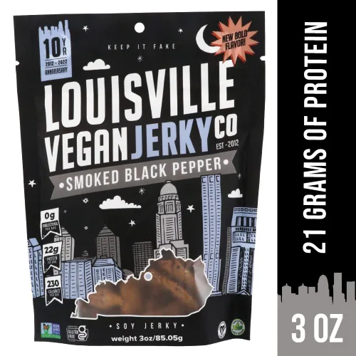 Miniatura 3 de Louisville Vegan Jerky - Carne vegana y vegetariana de pimienta negra ahumada, 0.67 oz de proteína de soja sin OMG, 310 calorías por bolsa