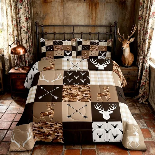 Miniatura 88 de Juego de edredón de cuernos de ciervo tamaño individual, juego de ropa de cama rústica de granja con huellas de oso y pinos para decoración