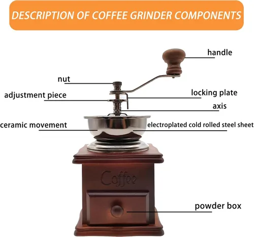 Miniatura 3 de Molinillo de café hecho a mano de madera de estilo retro, manivela de cerámica, cepillo de limpieza de molinillo de café hecho a mano, cuchara