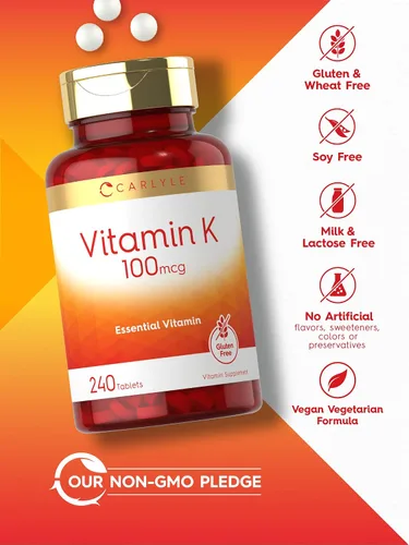 Miniatura 4 de Carlyle Vitamina K 100 mcg 240 tabletas Vegetariano, sin OMG, sin gluten Suplemento de vitamina K