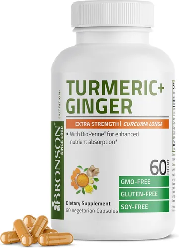 Bronson Cúrcuma + jengibre extra fuerte apoyo para la salud y la digestión de las articulaciones con BioPerine, sin OMG, 60 cápsulas vegetarianas