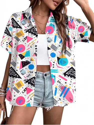 Trajes de los años 80 para mujer, camisa de neón de los años 80 y 90, camisa retro para fiesta temática de discoteca, camisa hawaiana con botones de