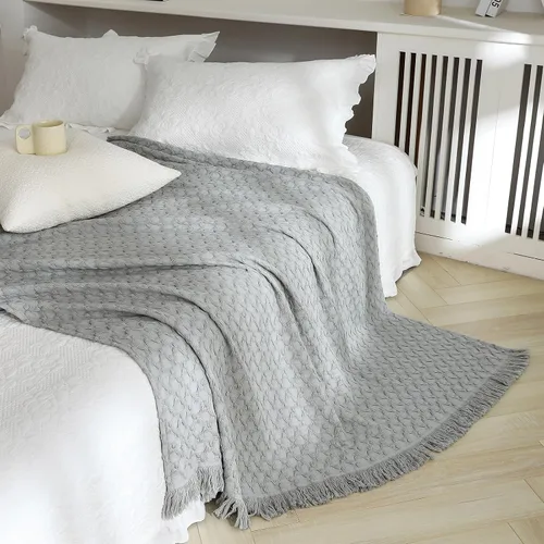 Miniatura 10 de Simple&Opulence Manta 100% algodón para sofá, cama, manta de punto gofre con borlas, suave, ligera, prelavada, transpirable, cómoda, decoración