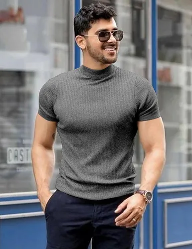 Miniatura 2 de AstoSeu Camisetas de cuello alto para hombre de manga corta, suéter ligero de cuello alto