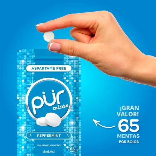 Miniatura 3 de PUR Mentas Mentas para aliento fresco sin aspartame Elaboradas con xilitol Sin azúcar, veganas, sin gluten Sabor natural a menta piperita