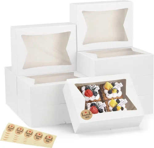 Eupako Cajas de galletas con ventana de 8 x 6 x 2.5 pulgadas, 24 piezas Cajas de golosinas blancas con apertura automática para panadería, donas,
