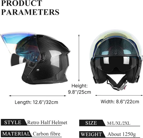 Miniatura 6 de Kaese Casco de motocicleta de fibra de carbono 3/4 con protector de doble lente, aprobado por DOT, protección facial ligera para hombres y mujeres