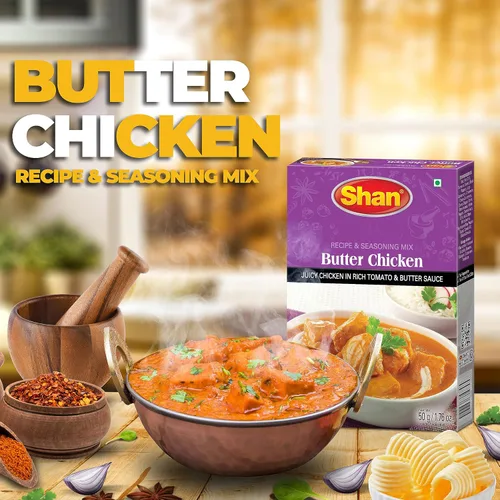 Miniatura 5 de Shan Mezcla de receta y condimento de pollo con mantequilla, 1.76 oz (50 g) – Polvo de especias para pollo jugoso en salsa rica de tomate