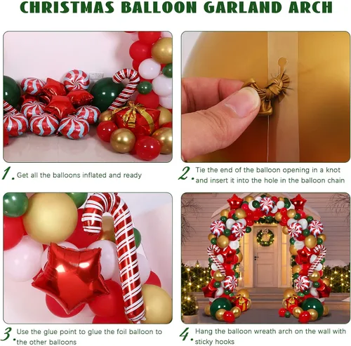 Miniatura 4 de RUODON Kit de arco de globos de Navidad, 233 piezas con dulces, bastón, látex, caja de regalo y globos de estrella para decoraciones de fiesta