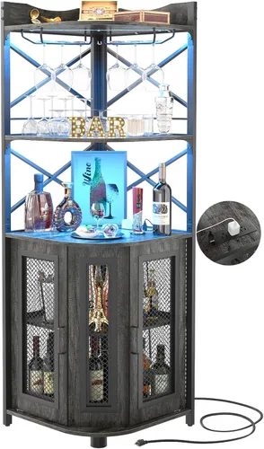Miniatura 8 de Aheaplus Gabinete Bar de Esquina con Toma de Corriente, Gabinete de Vino Industrial con Tira LED y Portavasos, Gabinetes de Licores de 5 Niveles
