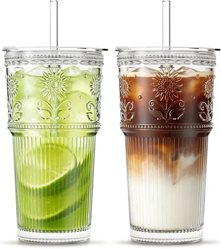 INSETLAN 20 oz Sunflower Glass Cups with Lids and Straws, Set of 2, Elegant Iced Coffee Cups for Coffee, Matcha, Smoothies, Juice, Cocktail and