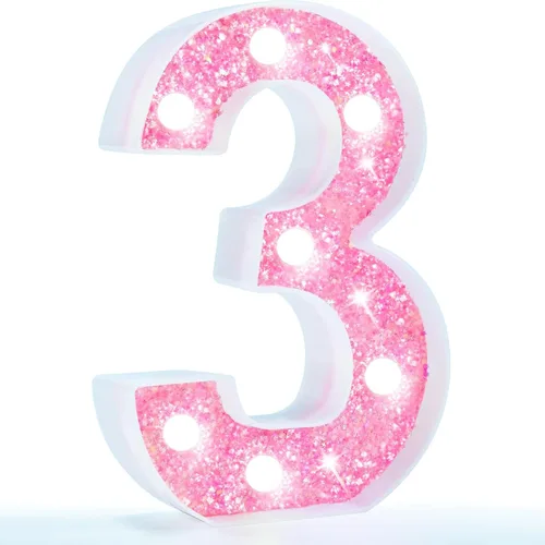 Miniatura 29 de Pooqla Luces de números de marquesina, números de luz rosa para niñas de 10.º cumpleaños, funciona con pilas, luz nocturna de número con purpurina