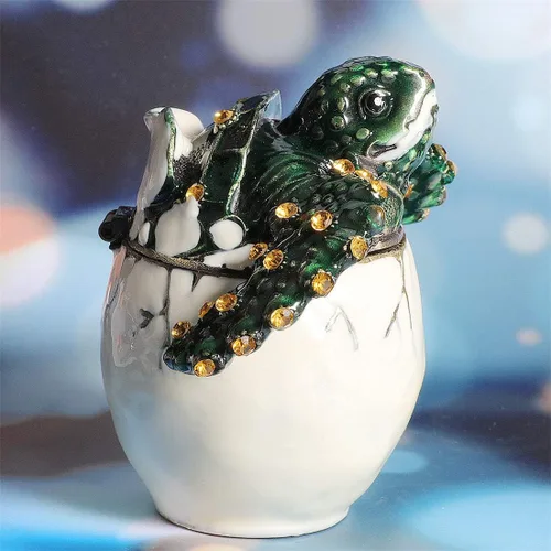 Miniatura 4 de Waltz&F Figuras coleccionables de tortuga que incuban la tortuga bebé de un huevo, caja de joyería de metal para incubar huevos