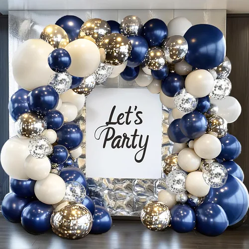 Kit de arco de globos de color azul marino, plateado, doble relleno, blanco perla, azul real, azul oscuro, plateado, cromado, con globos de confeti,