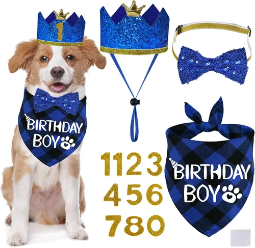 Miniatura 8 de STMK Suministros para fiesta de cumpleaños para perros, sombrero de cumpleaños de perro de varios tamaños con números, bandana pajarita para perros