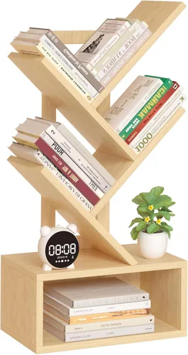Miniatura 18 de SHEEPAM - Estantería pequeña con cajón, estantería de 4 niveles en forma de árbol en color negro, estantería de escritorio de madera, estanterías