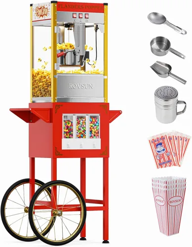 Máquina de palomitas de maíz ROVSUN con carrito, ruedas y hervidor de 10 onzas que hace hasta 4 galones, máquina de palomitas con dispensadores de