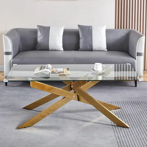 Miniatura 7 de Mesa de centro de cristal de 47 pulgadas, moderna tapa rectangular de vidrio templado con patas de metal con cruz dorada, mesa central de espacio