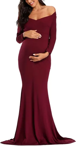 Ecavus - Vestido de maternidad para mujer con hombros descubiertos, cuello en V, manga larga, para sesión de fotos